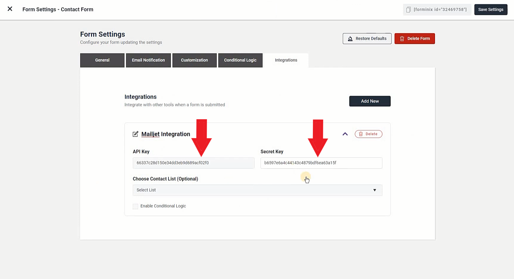 Place API Key and Secret Key in Forminix.