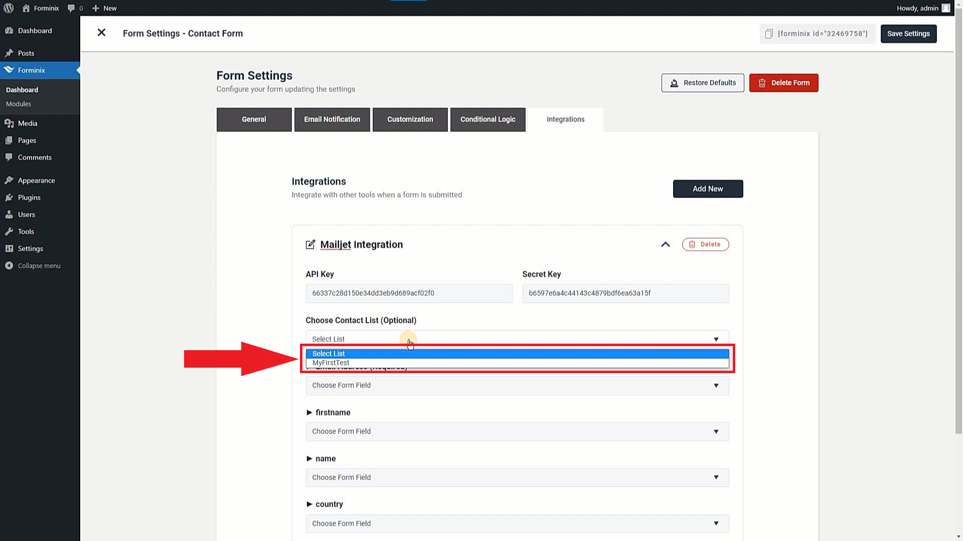 Select Mailjet Contact List.