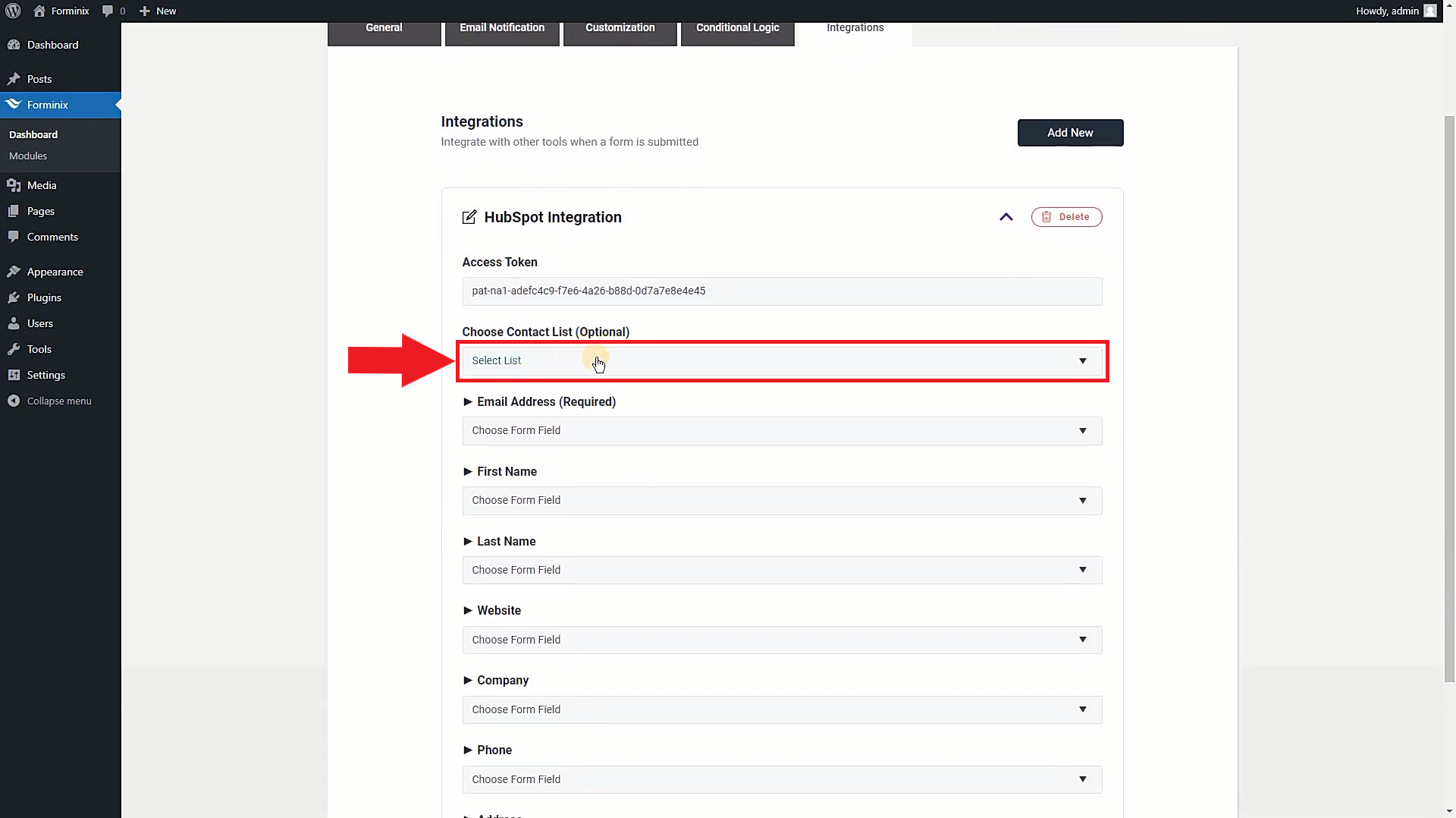 Choose a contact list for sending users from wordpress to hubspot.