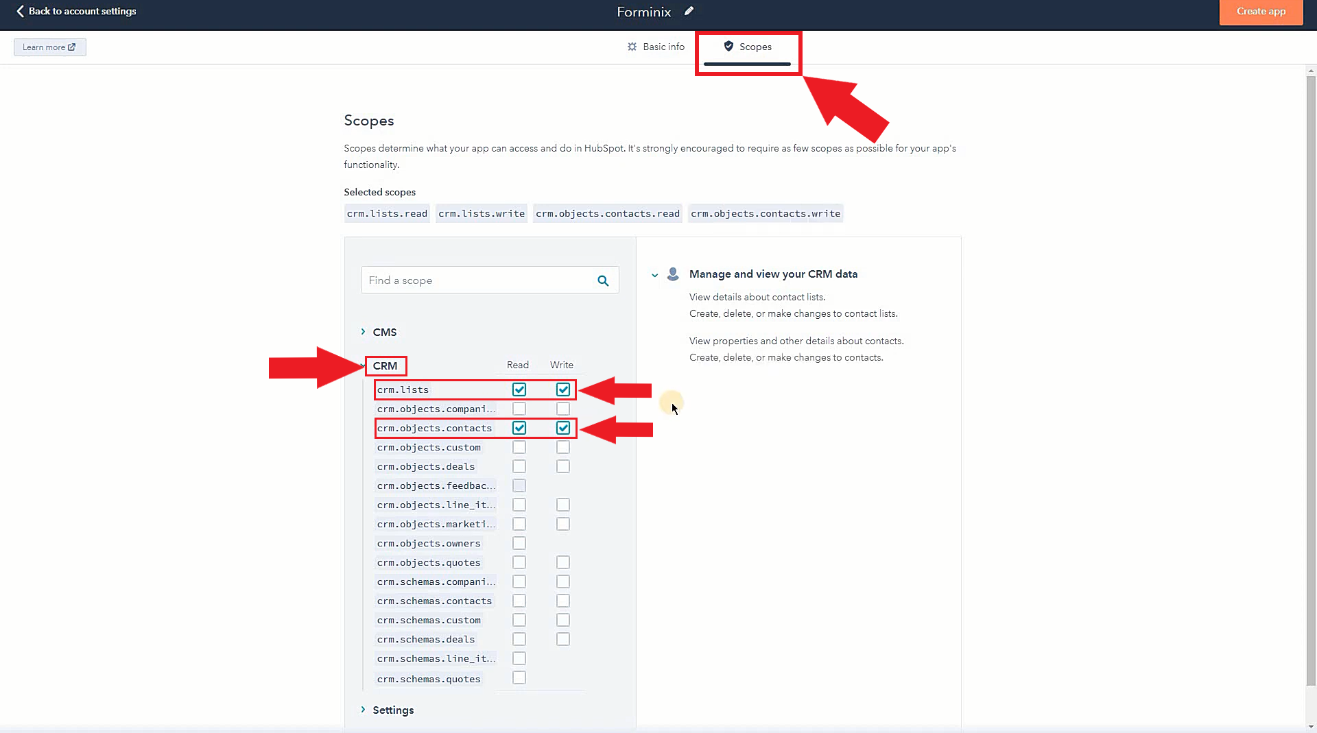 Give read and right access to crm list and crm contacts in scopes.