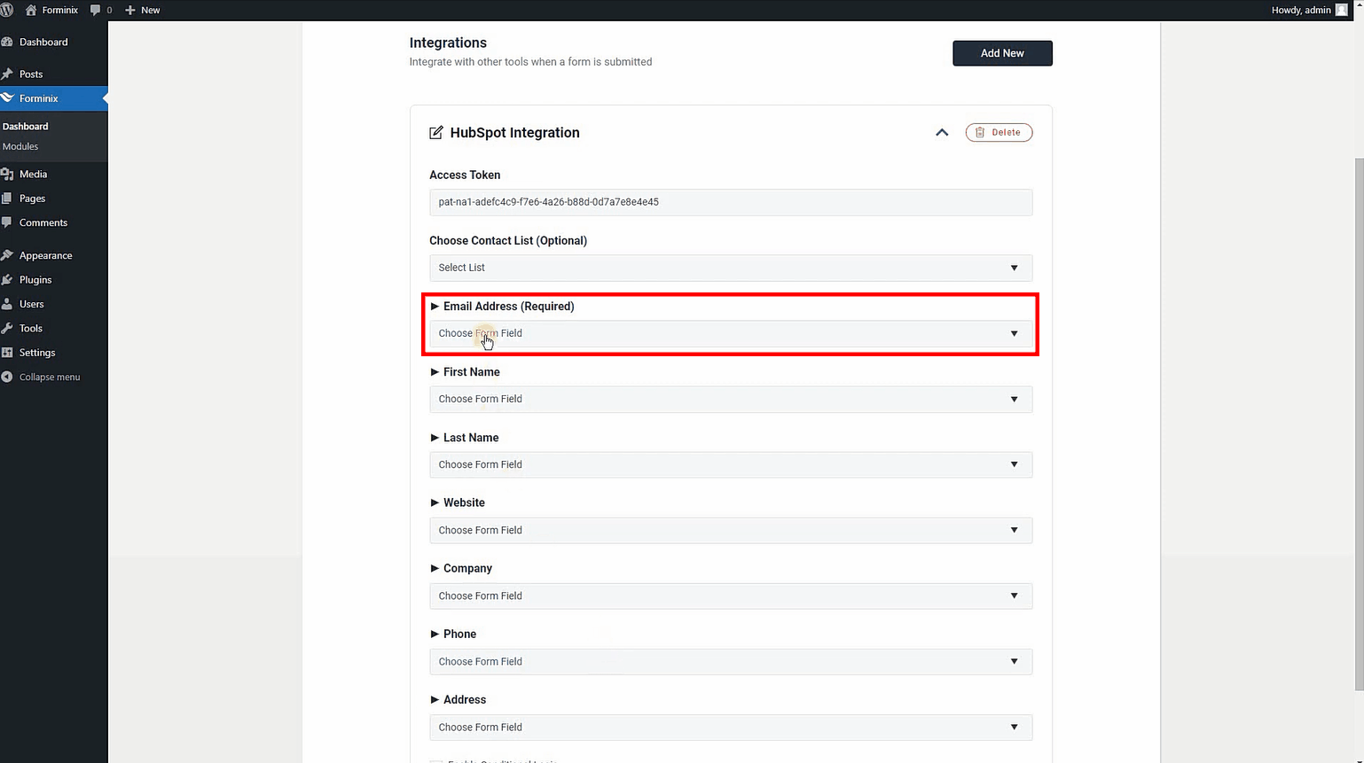 Map the form fields for making subscriber profile for HubSpot contact list.