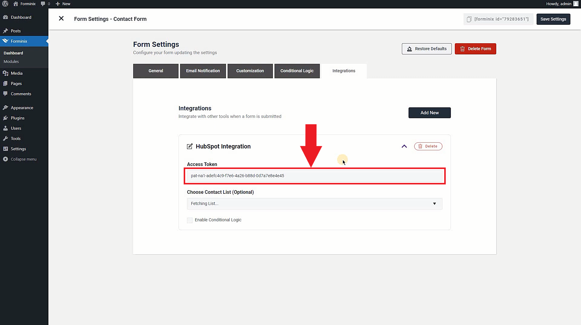 Place Access token for sending subscribers from WordPress to HubSpot.